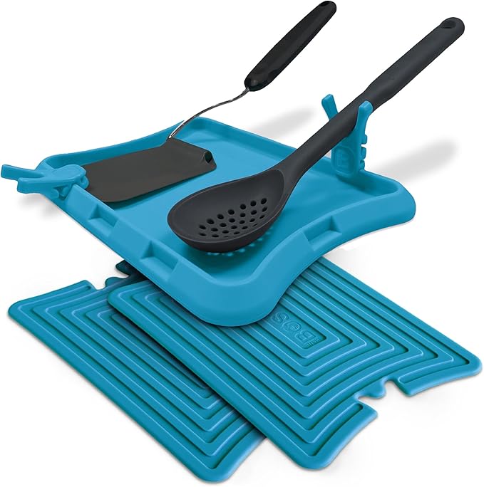 Nottadrip Silicone Spoon Rest for Stove Top - Kitchen Spoon Rest for Countertop, Ladle Holder, All in 1 Serving Station, Elevate Handles, Drip to Tray, Mess Free - 5PC Trivet Set - Blue