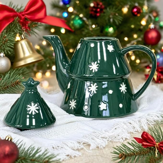 Domini Christmas Tree 28oz Teapot- Earthenware, Festive Holiday Serveware, Brewing Warm Winter Drinks - Beautiful Addition To Your Festive Table