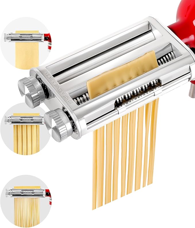 Pasta Maker Attachment for KitchenAid Stand Mixers, 3-in-1 Pasta Roller & Cutter Set with Spaghetti and Fettuccine Cutter Blades, Adjustable 8 Thickness Settings, Durable Metal Construction