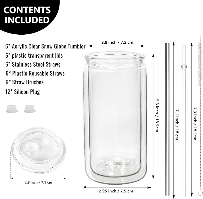 16 oz Plastic Snow Globe Tumbler, Double Wall Snowglobe Tumbler with Pre Drilled Hole Clear Acrylic Cups with Lids and Straws for Iced Coffee Boba Juice Soda 6 Pack