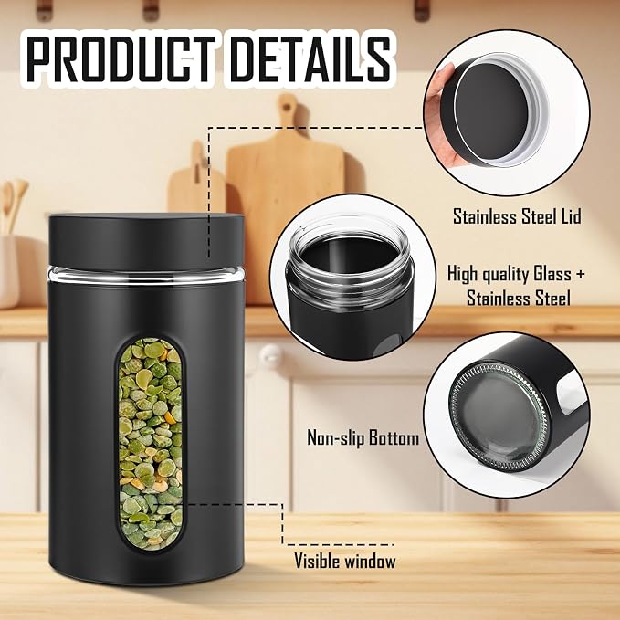 Patelai 6 Pack Kitchen Canisters Set Airtight Stainless Steel Canister Food Storage Container with Window Glass, Coffee Sugar Candy Jars Tea Organizer for Flour Cookies Spice (Black,32 oz)