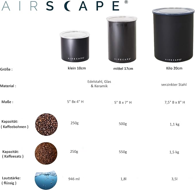 AirScape Planetary Design Kilo Coffee Storage Canister - US Patented Inner Plunger Lid Removes Excess Oxygen - Don't Buy airtight, Buy AIR-Less - Holds 2.2 lbs Coffee Beans - (Matte Gray)