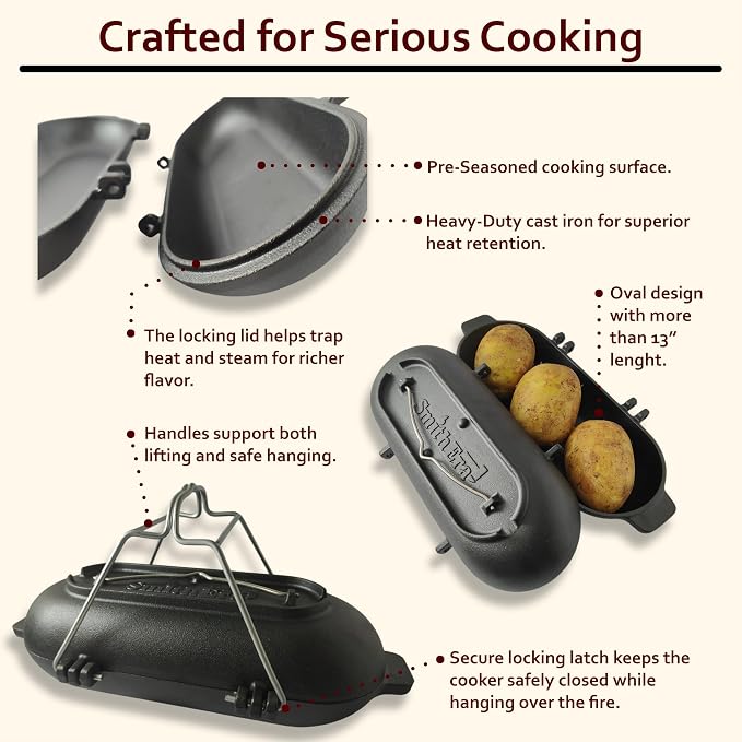 Cast Iron Potato Baker with Lid for Grill, Oven & Campfire | Pre-seasoned raw cast iron, Multi-use sourdough & bread pan, Lid acts as standalone pan, Hanging handles for campfire tripod