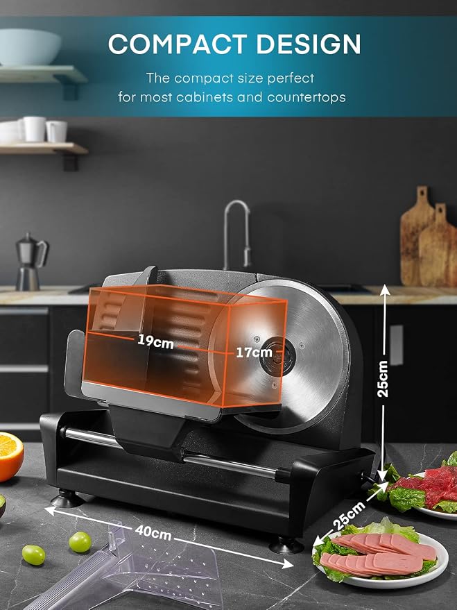 FOHERE Electric Meat Slicer 200W Deli Slicer for Home with Removable Two 7.5” Blades, 0-15mm Precision Thickness Adjustment Knob Cut Deli Food, Meat Ham Bread Fruit, Include Food Carriage, Black