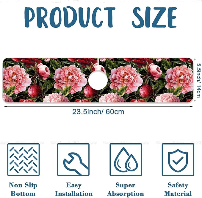 Blooming Peony Sink Splash Guard Pink Peony Flowers Faucet Absorbing Mat Fast Drying Mat Sink Gadgets Splash Guard Behind Faucet Drip Catcher for Kitchen Bathroom, 23.5"x5.5"