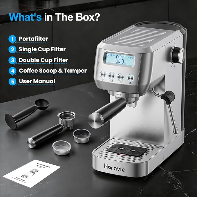 Horavie Ultra Espresso Machine with LCD Display, Espresso Maker with Powerful Milk Frother, Customizable Brewing Temperature, Professional Cappuccino & Latte Machine, Gift for Men & Women