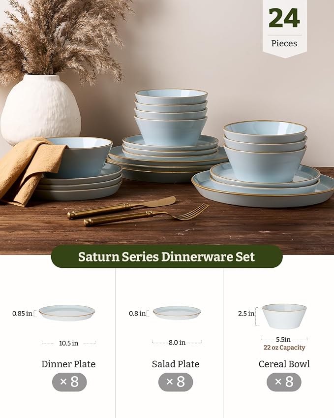 Famiware Saturn Stoneware Dinnerware Sets for 8 (24 Pieces), Ceramic Plates and Bowls Dish Sets with Hand-Painted Trim - Chip & Scratch Resistant, Microwave & Dishwasher Safe Tableware, Light Blue