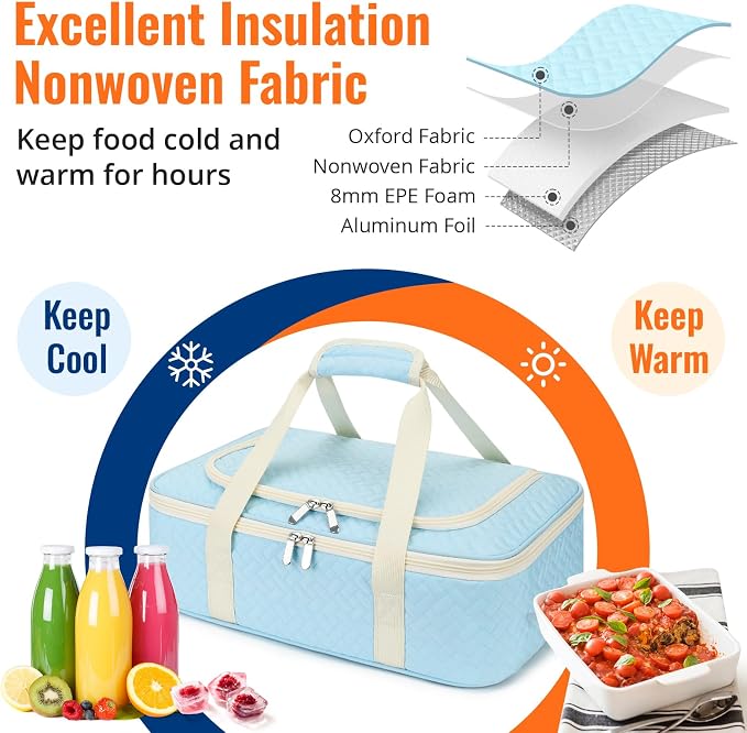 Insulated Casserole Carrier - Portable Casserole Carrier for Hot or Cold Food, Lasagna Holder for Parties,Picnic,Cookouts,Traveling - Fits 9" x 13" Baking Dish (Blue)