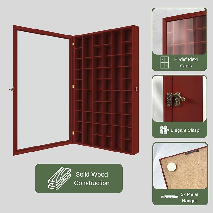 Shot Glass Display Cabinet Solid Wood - Large Display Case for Collectibles | Man Cave Accessories | UV Protection Acrylic Door | Wall Mounted Black Shadow Box | 52 Slots | 32"x17" Mahogany