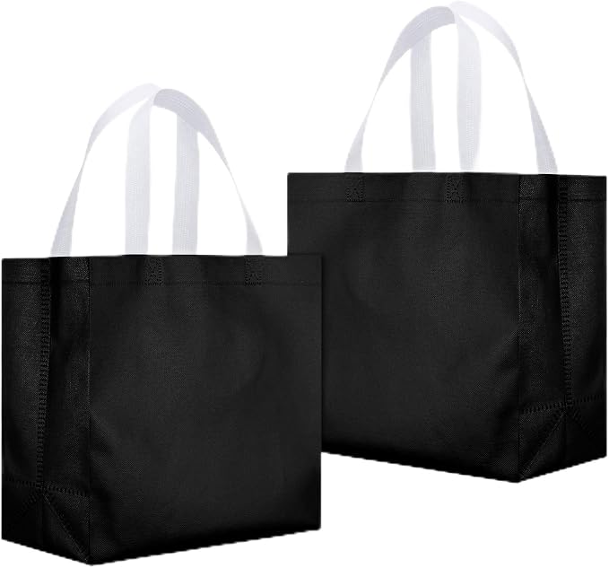 Eccliy Reusable Gift Bags Set Glossy Grocery Gift Tote Bag with Handle for Wedding, Bridal Shower, 4th of July, Summer Event(12 x 11 x 4.7 I Inch,Black,80 Pcs)