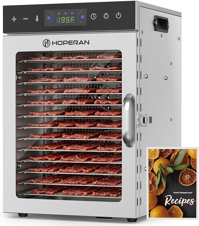 HOPERAN 14 Tray Food Dehydrator Machine for Jerky, Fruit, Herb & Dog Treats | Stainless Steel, Digital Temperature & Timer Control, 2 Fans 800W, Quiet <48dB, Including 2 Mesh Screens & 1 Fruit Roll Tray