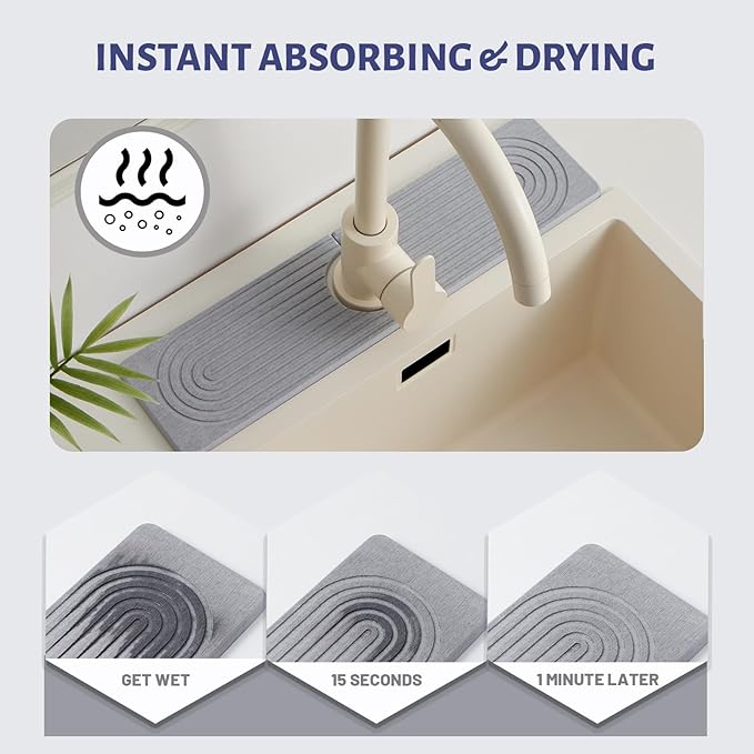 Stone Faucet Mat for Kitchen Sink, Faucet Mat Fast Drying Diatomite, Sink Splash Guard Water Absorbing Stone Tray for Sink, Counter Protector for Kitchen & Bathroom