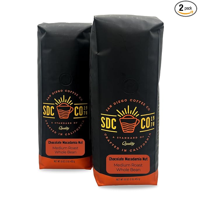San Diego Coffee Chocolate Macadamia Nut, Medium Roast, Whole Bean Coffee, 16-Ounce Bags (Pack of 2) Café en grano tostado
