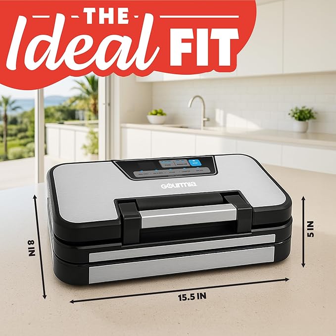 Gourmia Vacuum Sealer - 10-in-1 Food Sealer, Built-In Cutter & Roll Storage, Dry/Moist Modes, Gentle & Normal Pressure, BPA-Free Bags, Stainless Steel
