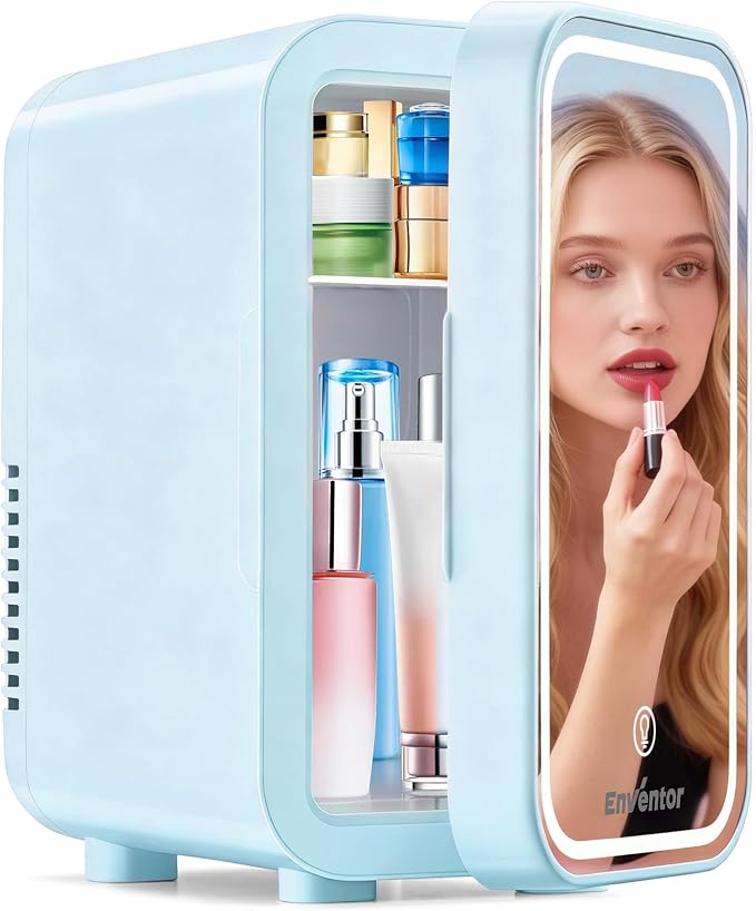 Enventor Mini Skincare Fridge Small Refrigerator for Bedroom, Beauty Fridge for Makeup with Dimmable LED Mirror, 6 L / 8 Cans Compact Portable Cooler for College Dorm, Office, Car, Blue