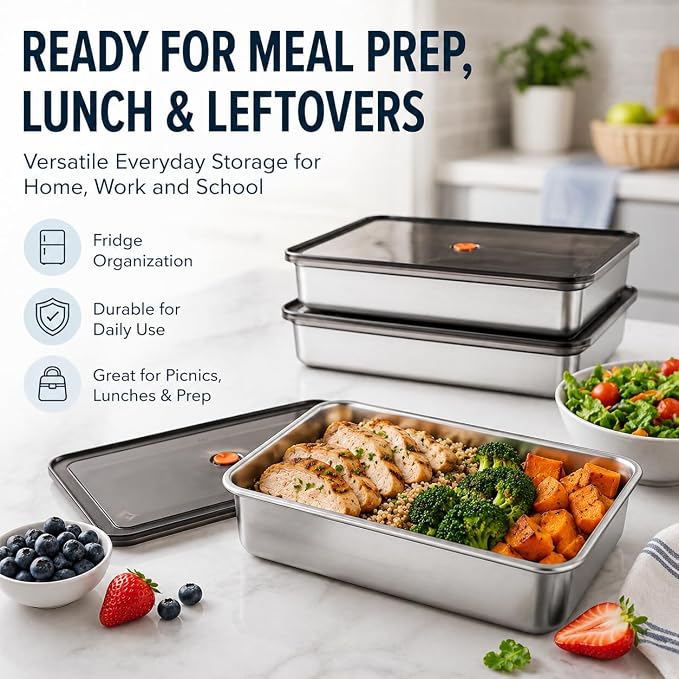 3-Pack Stainless Steel Food Storage Containers with Airtight Lids - Vacuum Seal Meal Prep Containers for Fridge Organization - Leakproof & Stackable Food Storage Set for Kitchen Freezer & Oven Safe
