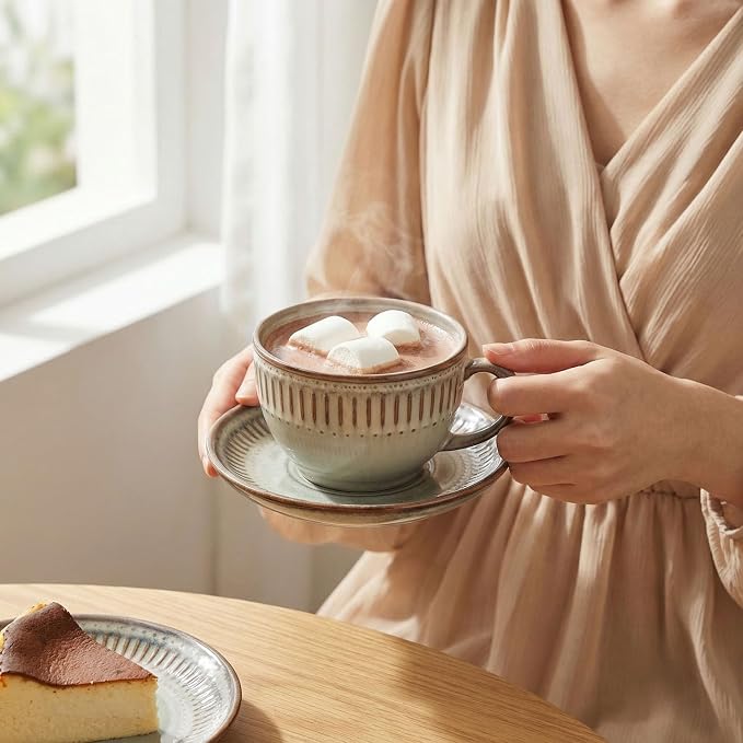 Cappuccino cup with tray, 8.5 oz. Set of 4 Ceramic Coffee Cups and Saucer Set for Latte, latte art cup, suitable for latte/cappuccino/milk/tea