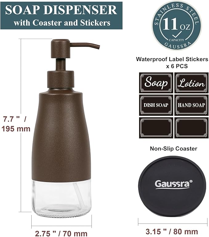 Gaussra Matte Brown Soap Dispenser with Coaster and Stickers, Stainless Steel and Glass Bottle Hand Pump Dispenser, Refillable Liquid Hand Soap Dispenser for Bathroom & Kitchen (11OZ / 320ML)
