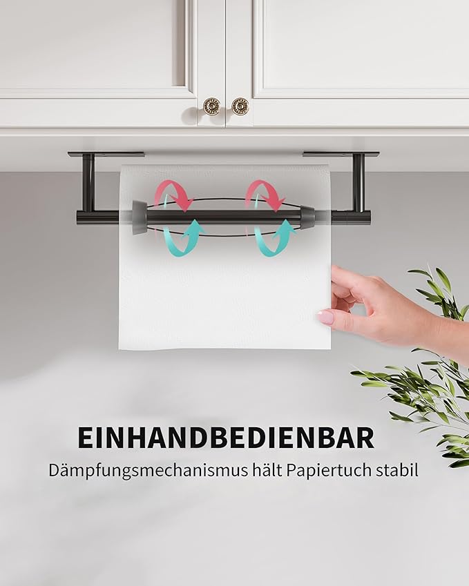 Paper Towel Holder Under Cabinet, Self Adhesive or Wall Mount Matte Black Hanging Paper Towel Holder with Damping Effect, Single Hand Operable, Stainless Steel for Kitchen Bathroom