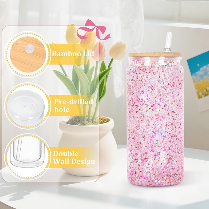 20 Oz Acrylic Snow Globe Tumbler, 20 Pack Pre-Drilled Double Wall Plastic Snowglobe Cup for Glitter Snow Globe Diy, with Bamboo Lid