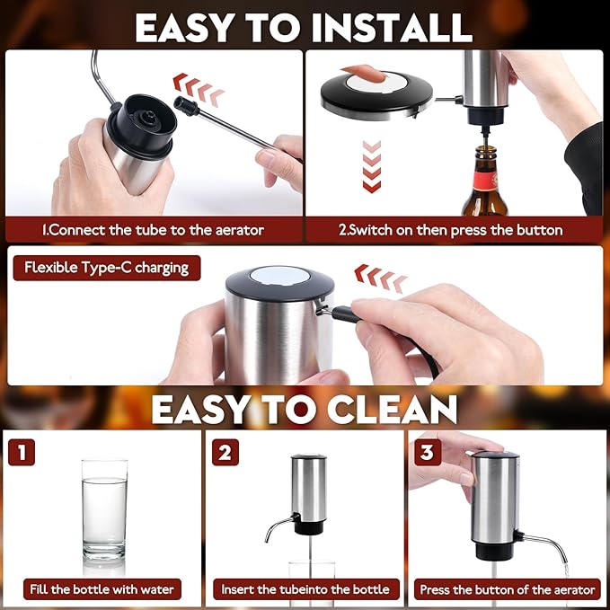 Electric Wine Aerator Pourer Automatic Wine Dispenser Pump with Retractable Tube for One-Touch Instant Oxidation Smart Wine Aerator Decanter for Travel/Home