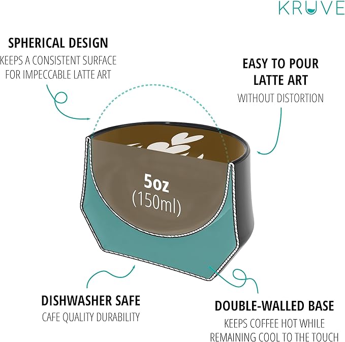 KRUVE IMAGINE Porcelain Latte Coffee Cups, Double Walled Latte Cups, Glass Cups Set of Two - 5oz Thermal Spherical Design for Latte Art, Insulated Coffee Mugs for Heat Retention (Black)