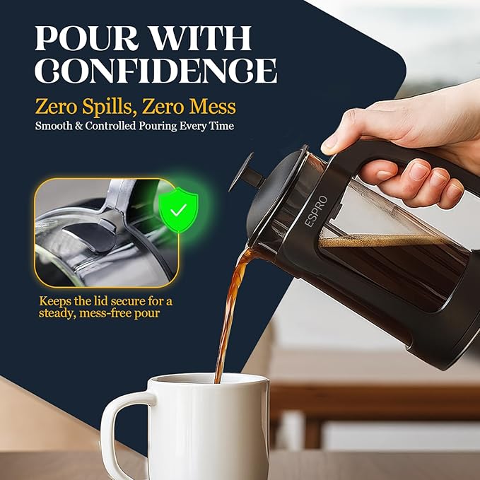 ESPRO Light P3 French Press Coffee Maker – Patented Double Micro-Filter for Grit-Free Brew, Heat Resistant thicker Borosilicate Glass Coffee press – (Black 18 oz)