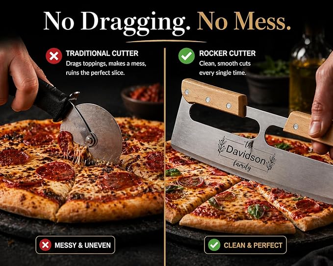 Personalized Pizza Cutter Rocker Knife 14” – No Dragging, Clean Cuts Every Time, Heavy Duty Stainless Steel Blade with Wood Handles, Professional Mezzaluna Pizza Slicer