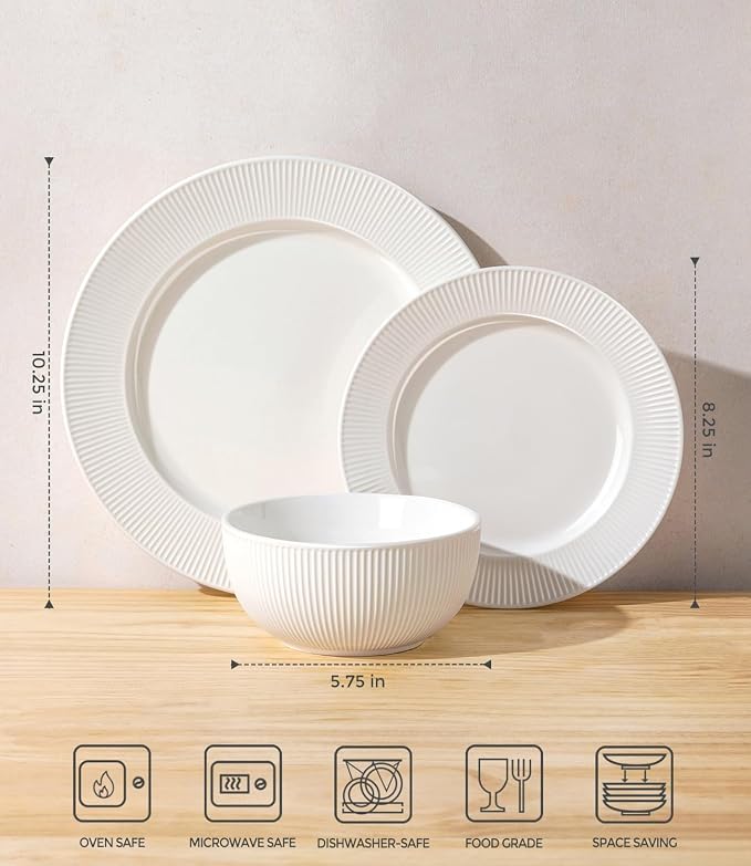 TheTerra Stoneware Dinnerware Sets for 4, 12 Pieces Ceramic Plates and Bowls Sets, Scratch Resistant Embossed Dish Set, Oven, Microwave & Dishwasher Safe, Bright White
