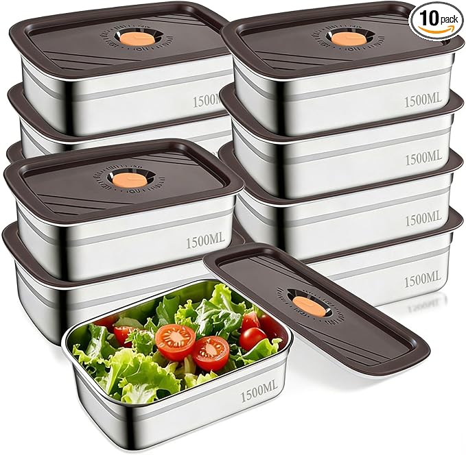 10PCS 50oz Stainless Steel Food Storage Containers with Airtight Lids, 1500ml Reusable Metal Meal Prep Container for Picnic Travel, Stackable Kitchen Lunch Snack Box, Freezer & Dishwasher Safe