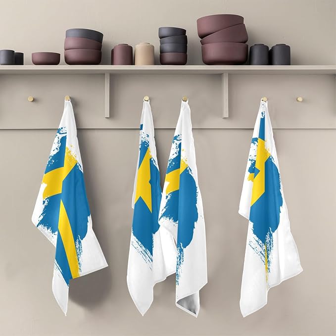Swedish Flag Brush Stroke Kitchen Towels Set with Hanging Loop, Kitchen Hand Towels, Tea Towels, Premium Dish Towels for Kitchen, Quick Drying Kitchen Towel Set 18”x 28”