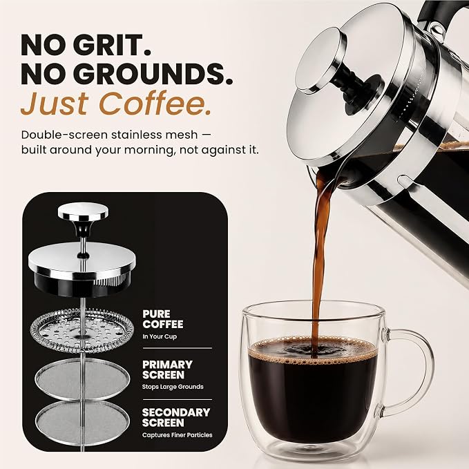 EzDtach French Press Coffee Maker 34oz Chrome – Borosilicate Glass Pot with 304 Grade Stainless Steel French Press, Double Filter and 2 Extra Screens for Rich, Full-Bodied Flavor at Home or Office
