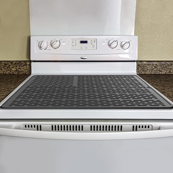AWINNER Silicone Electric Stove Cover Mat,Ceramic Stove Heat Resistant Glass Cooktop Flat RV Range Stovetop top Protector,XL Dish Drying Mats for Kitchen Stars Stripes Design (Silicone Black, 28"x20")