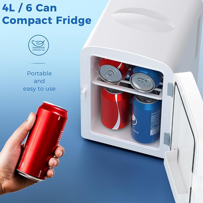 Antarctic Star 4L/6 Can Portable Compact Refrigerator for Bedroom,Car,Office & Dorm,Small Cooler for Food/Drinks/Skin Care,AC/DC,WHITE