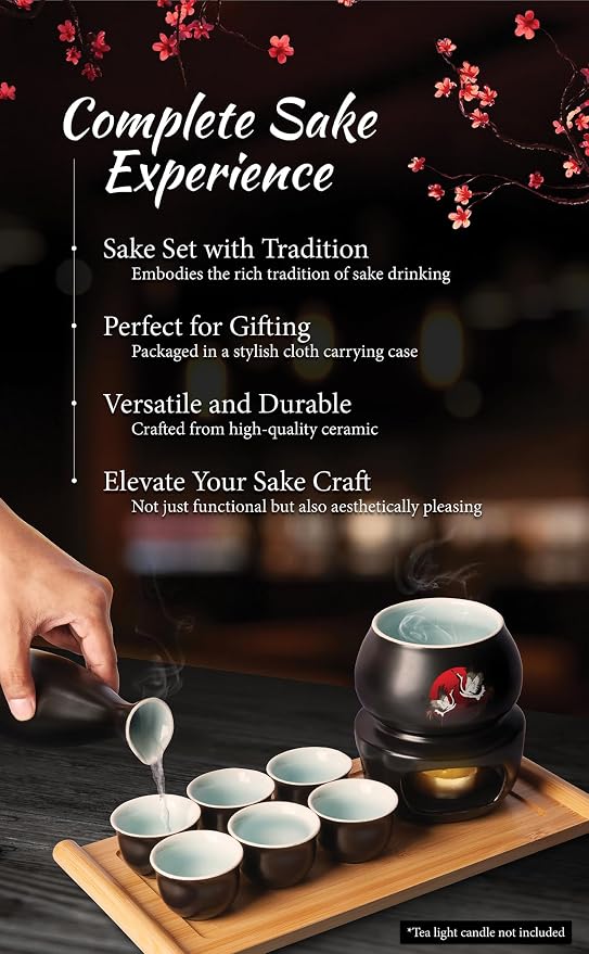 Japanese Sake Cup Set with 6 Ceramic Cups, 1 Ceramic Sake Bottle, 1 Ceramic Sake Warmer, Bamboo Tray, and Cloth Carrying Case | Perfect Hot Sake Set for Authentic Japanese Experience