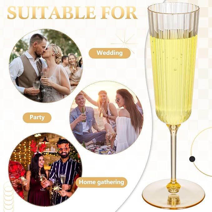 Jingmore 48 Pcs Plastic Ribbed Champagne Flutes With Stem, 6.4 oz Clear Vintage Disposable Vintage Glasses for Wedding Birthday Anniversary (Gold)