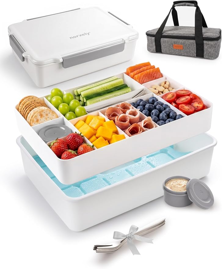 Snackle Box Container with Ice Pack, Reinforced Latches & Large Capacity, Travel Snack Box, Charcuterie Board with Lid, Divided Veggie Tray for Road Trips Picnic Boat Beach White