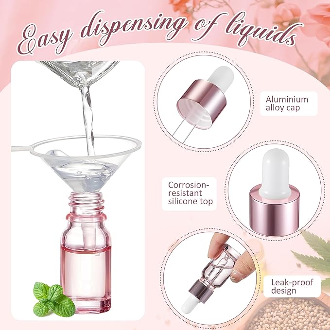 Lallisa 48 Pack Essential Oil Dropper Bottle 10 ml (1/3 Oz) Glass Dropper Bottles DIY for DIY Essential Oil Perfume with Funnels Pipettes Labels for Bathrooms, Hotels, Labs (Pink)