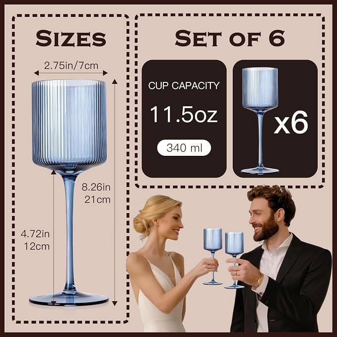 Midnight Blue Colored Square Wine Glasses Set of 6, Ribbed Design Blue Crystal Glassware with Long Stem, 11.5oz Hand Blown Red & White Wine Stemware For Home Dinner Party Wedding Housewarming Gift