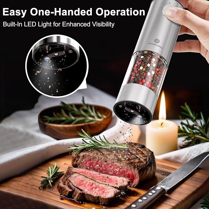 Electric Salt and Pepper Grinder Set, Rechargeable Automatic, Adjustable | USB-C rechargeable, one-hand automatic grinding, 6 coarseness levels, top-fill 3.2oz, storage base, stainless steel, LED
