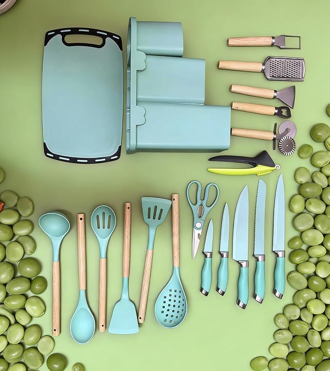 Kitchen Utensils and Knives Set, 20PCS Knife and Cooking Spoon Tools Set with Storage Holder, Sharp Stainless Steel Knife Sets with Bread, Chef Knife (Teal)