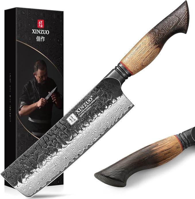 XINZUO 7 Inch Nakiri Knife, Hand Forged Damascus Steel Asian Chopping Chef Knife, Professional Meat Vegetable Kitchen Knife,Comfortable Grip White Oak Handle Usuba Knife