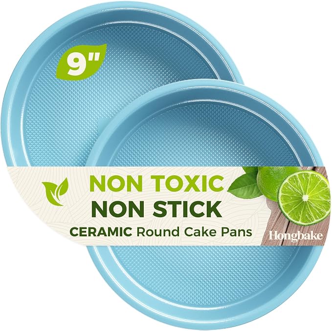 HONGBAKE Nonstick Ceramic 9 Inch Round Cake Pan Set of 2, Heavy-Duty Aluminized Steel Round Cake Pans with Diamond Texture, Non-Toxic Cake Molds, Cake Pans 9 Inch Round for Baking Cheesecake, Blue