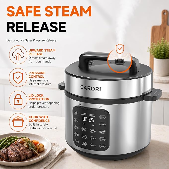 CARORI 8Qt,9-in-1,1200W Electric Pressure Canner, IMD Touchscreen, Non-Stick Pot. Quick, Time-Saving, Healthy. Olla de Presion (Ollas). Safe Venting.Rice,Slow,Steamer, Sauté, Warmer, Silver