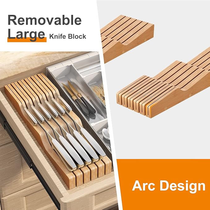 In-Drawer Knife Block Organizer - Bamboo Wood Drawer Knife Organizer-Protecting Knife Organizer Block (Not Included) (Natural, 11 Knives Dock)