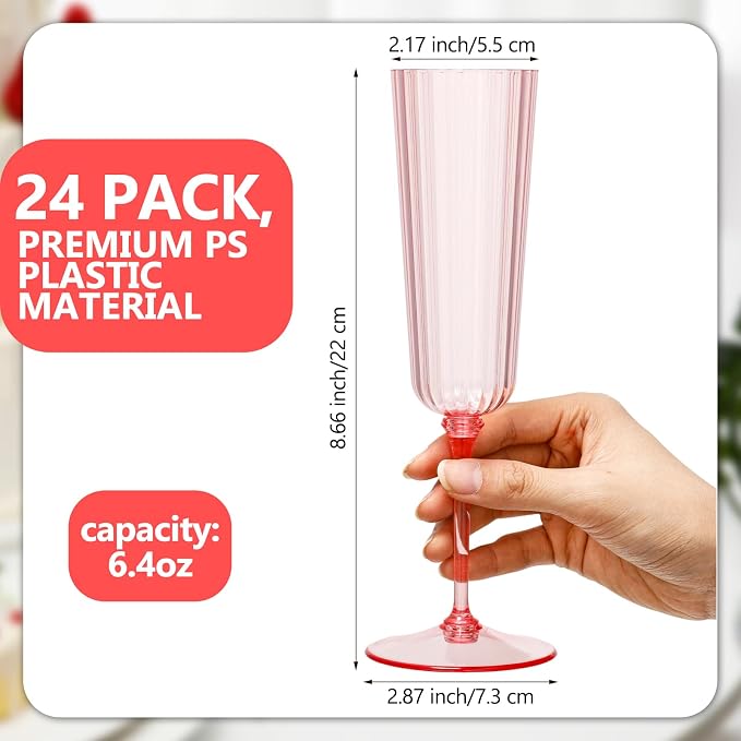 Jingmore 24 Pcs Plastic Ribbed Champagne Flutes With Stem, 6.4 oz Clear Vintage Disposable Champagne Glasses for Wedding Birthday Anniversary (Pink)