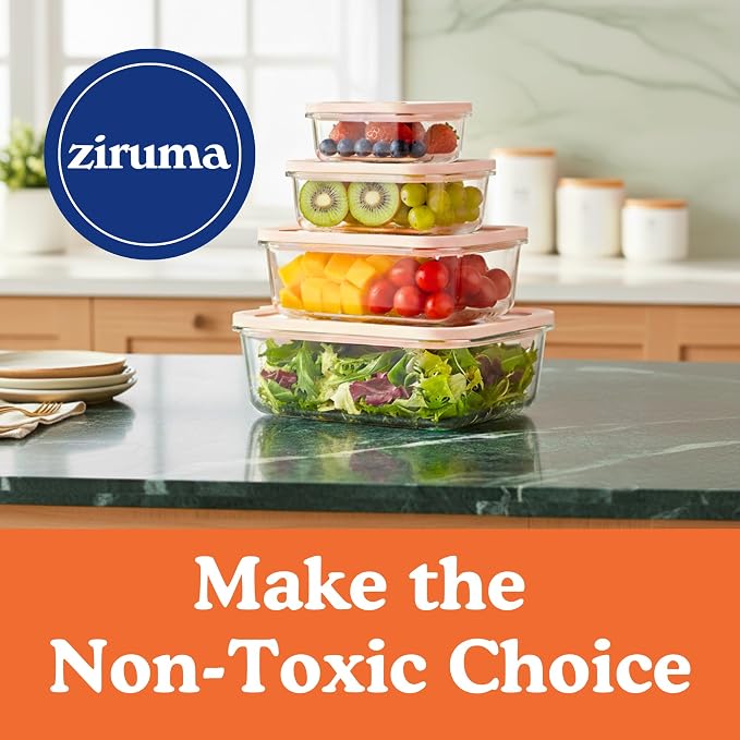 Ziruma Non-Toxic Glass Food Containers with Lids, 4-Pack, 21 oz, Beige | Plastic & BPA free. Glass body, glass lid & platinum silicone seal. Airtight & leakproof. Freezer & microwave safe