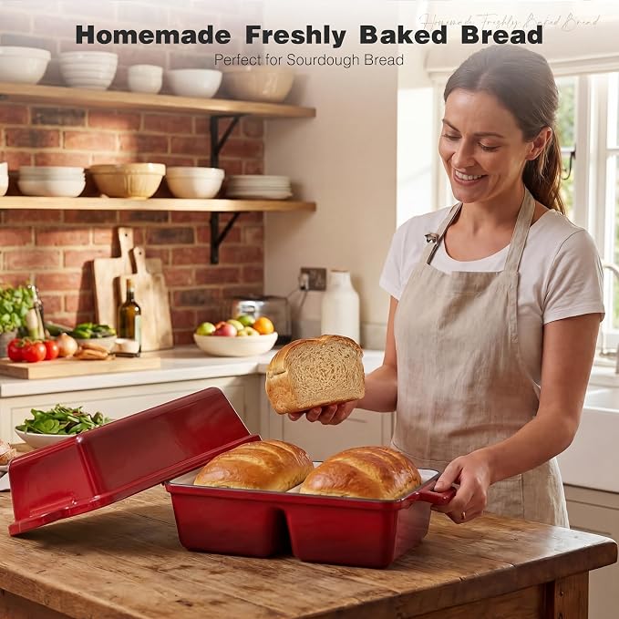 Double Dutch Oven for Sourdough Bread Baking,Enameled Cast Iron Dutch Oven with Lid,Double-Chamber Square Mini Sourdough Loaf Pan for Homemade Bread, Red(Patent Has Been Applied for)