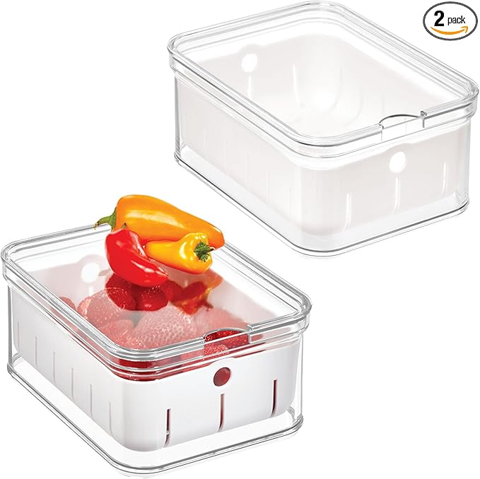 iDesign Small Fridge Berry Bin with Removable Colander Basket and Lid - Set of 2 - Clear/White