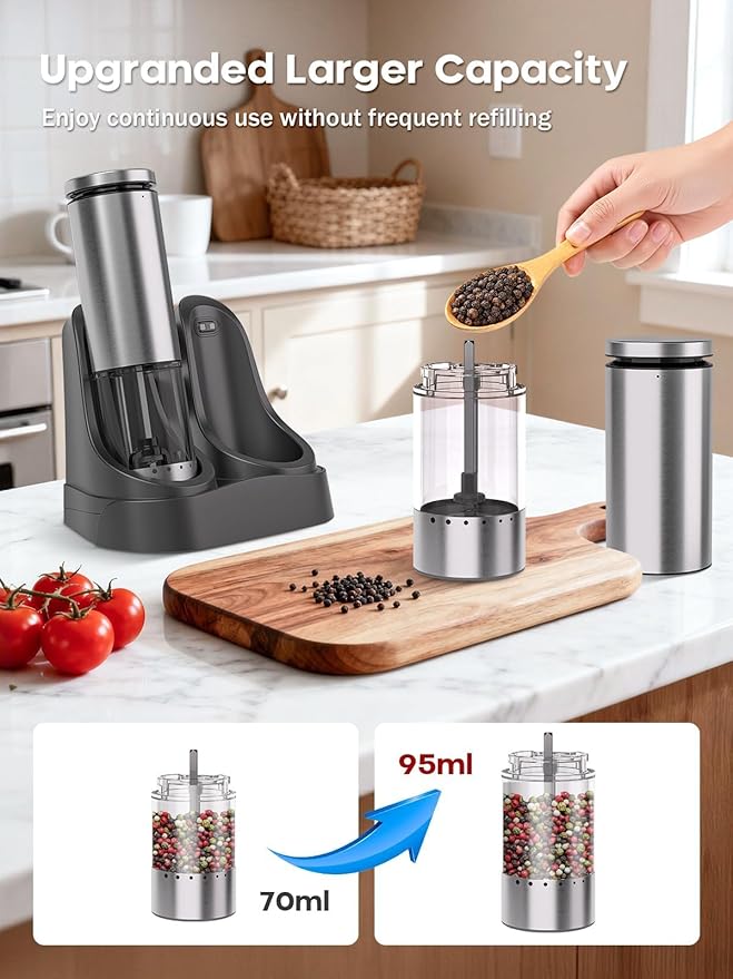 Electric Salt and Pepper Grinder Set with Charging Base: Rechargeable Automatic Salt and Pepper Grinder Set with External Adjustable Coarseness, Stainless Steel Electric Salt and Pepper Shakers,Sliver